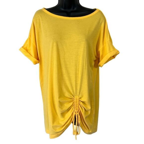 SUNDANCE Catalog Marigold Drape Ruched Hem Short Sleeve Crew Neck Shirt - Picture 1 of 10